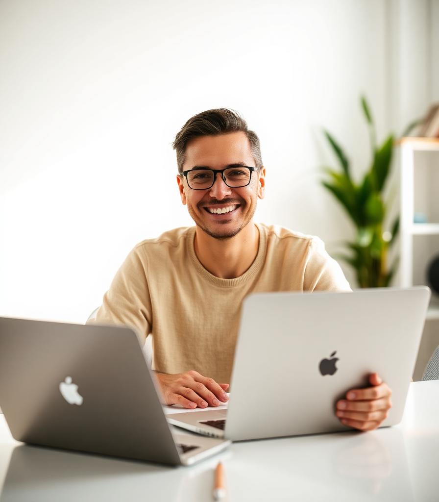 Your host, smiling at his laptop in a bright modern workspace