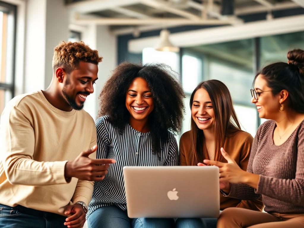 A diverse small group laughing around a laptop together